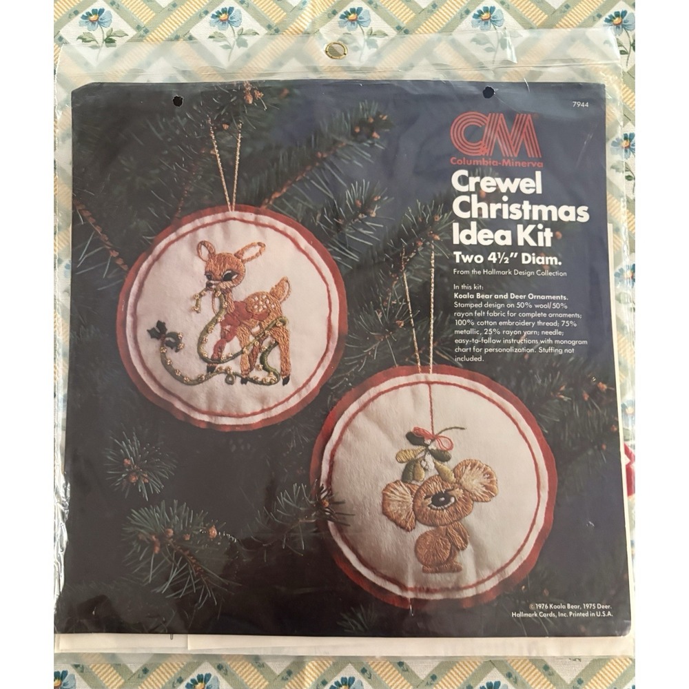 Columbia Minerva Crewel Christmas Idea Kit #7944 Ornaments Koala Deer 1976 NOS